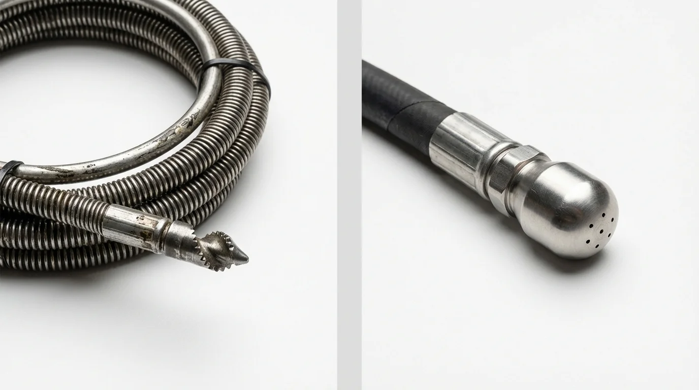 Drain snake cable and hydro jetting nozzle used for drain cleaning in Groton, NY