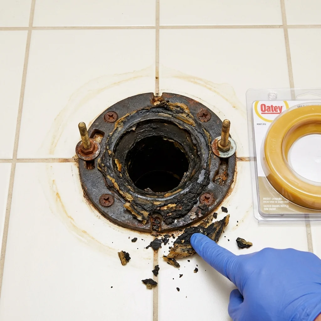 Failed wax ring showing water seepage at the base of a toilet in a Groton, NY home