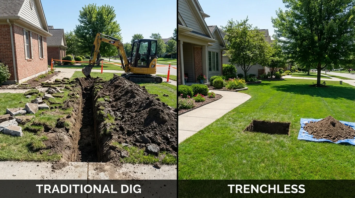 Trenchless sewer repair with minimal yard damage versus traditional excavation in Groton, NY