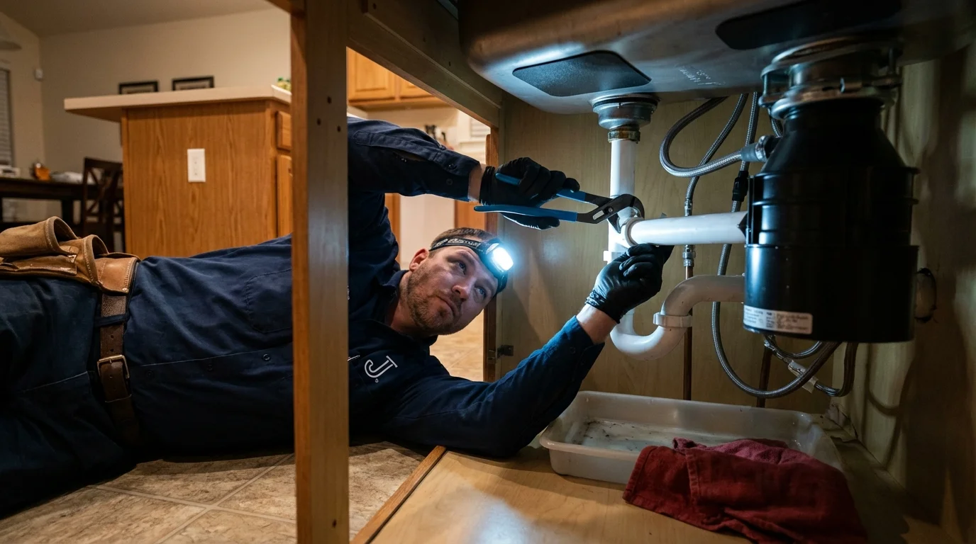 P-trap and supply line connections under a kitchen sink showing a common leak point in Groton, NY